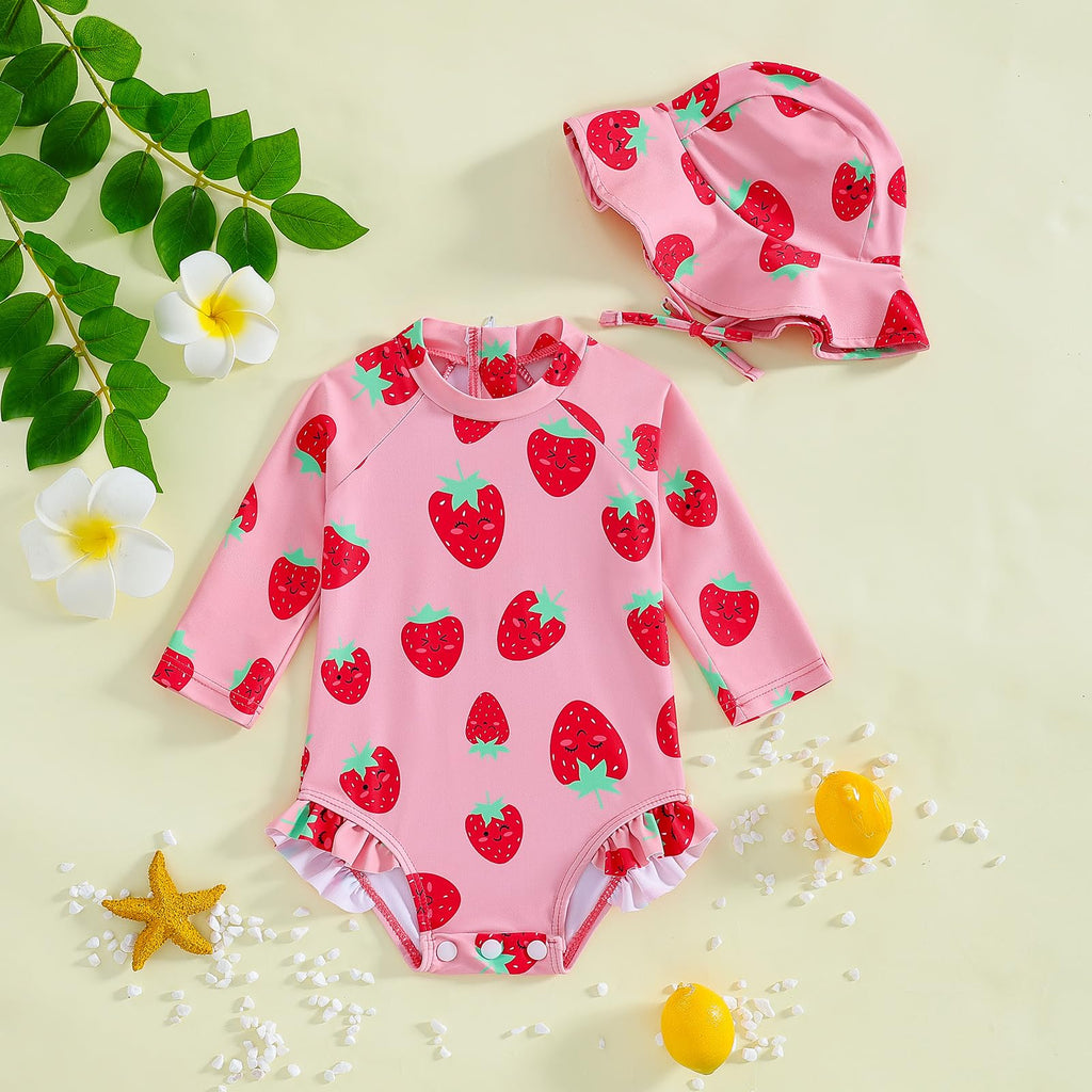 WOLBAY Baby Girl Swimsuit Long Sleeve One Piece Rash Guard with Sun Hat Zipper Bathing Suit Size 0-2T (US, Age, 18 Months, 24 Months, Strawberry)