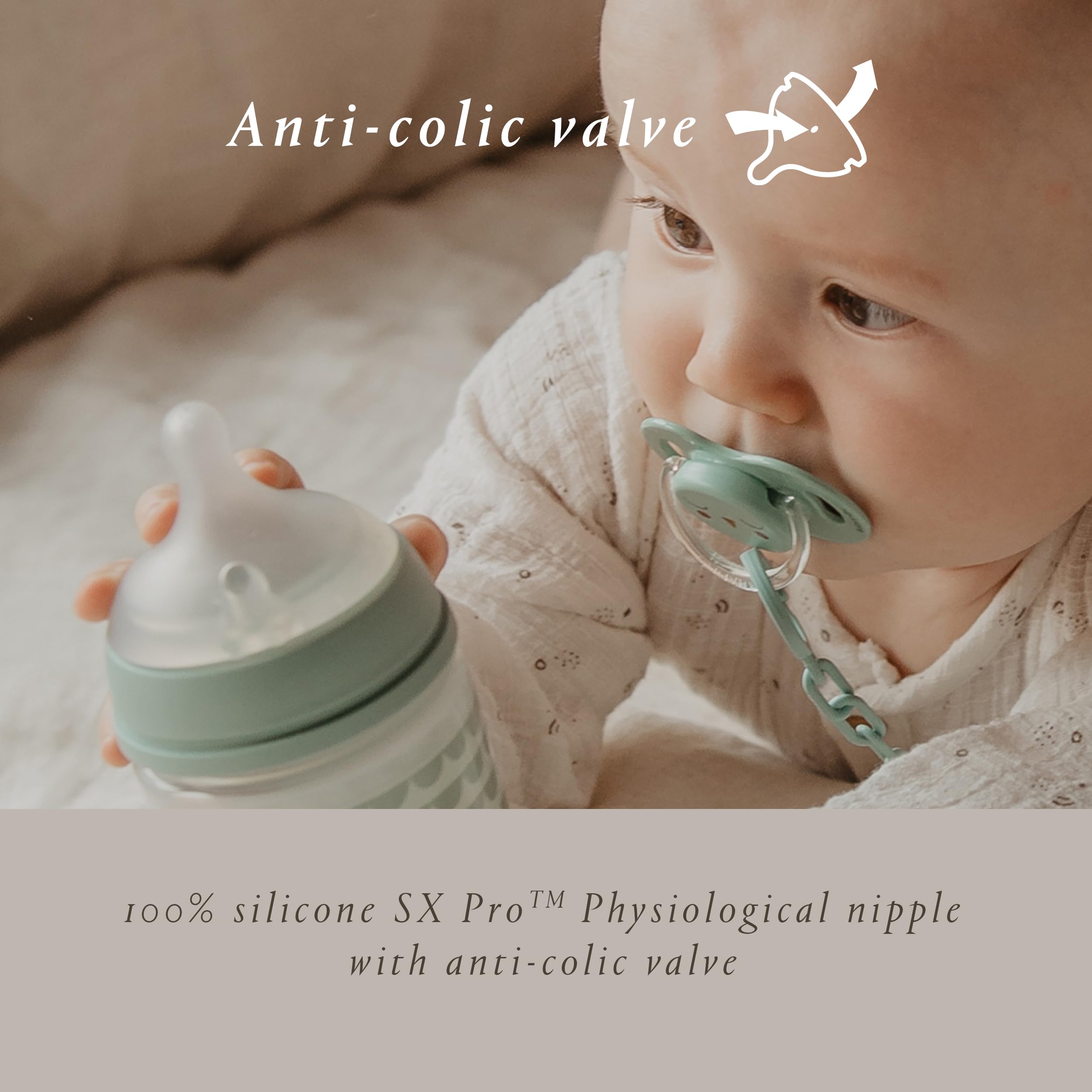 Suavinex Bonhomia Glass Baby Bottle with SX PRO Silicone Nipple, Anti Colic Baby Bottles, Baby Bottles for Breastfed Babies, Slow Flow, 0mo, 4oz, Beige