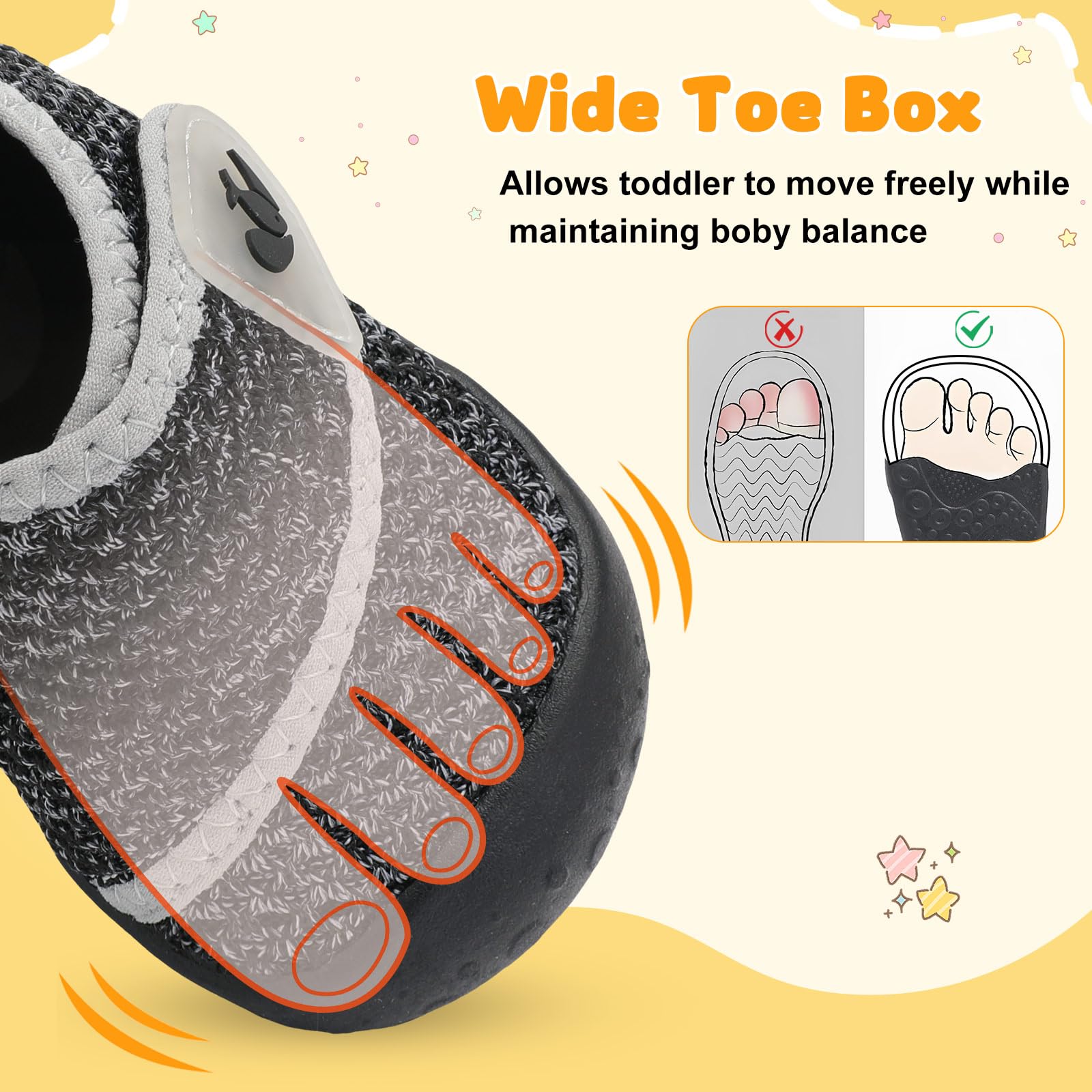 FEETCITY Wide Baby Walking Shoes Barefoot Infant Shoes Baby Sneakers Newborn Crib Shoe Flexible Lightweight Black Grey