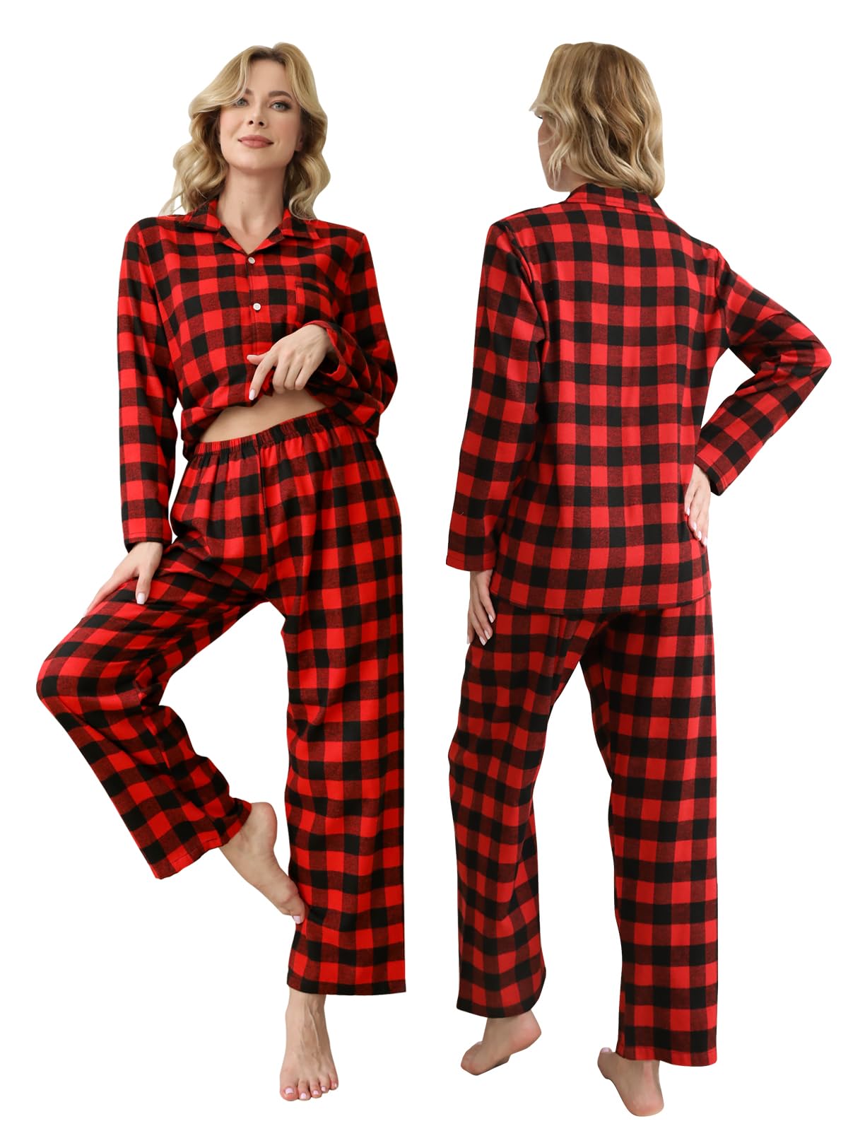 Schbbbta Pajamas for Womens, Family Flannel Red Plaid Pajamas Cotton 2-Piece Button Down Sleepwear Pjs Sets, Black Red, US M