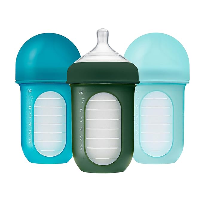 Boon Nursh Reusable Silicone Pouch Baby Bottles - Medium Flow Nipple - Silicone Baby Bottle Pouch and Nipple - Baby Feeding Essentials - Blue - 3-6 Months - 3 Count - 8 Ounce