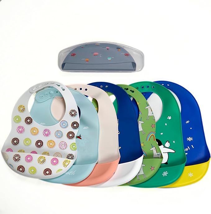 Silicone Baby Bibs Unisex, Self-Feeding, Catch-all Large Pocket, 6-48 months, BPA-Phthalate Free, w/Travel Case