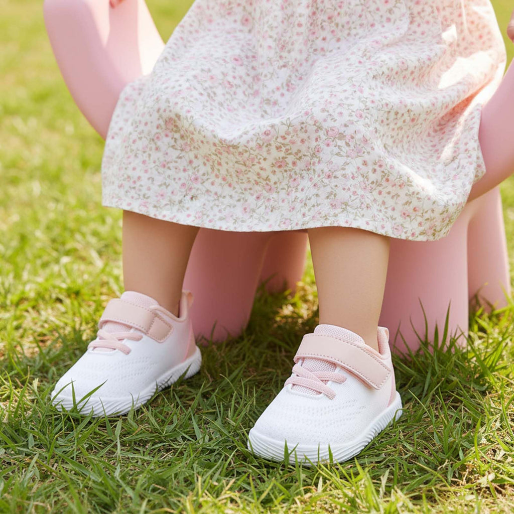 MORENDL Toddler Sneakers Baby Boys & Girls Barefoot Shoes Lightweight Breathable Walking Running Tennis Athletic Sport Shoes White Pink 18-24 Months Size 6.5