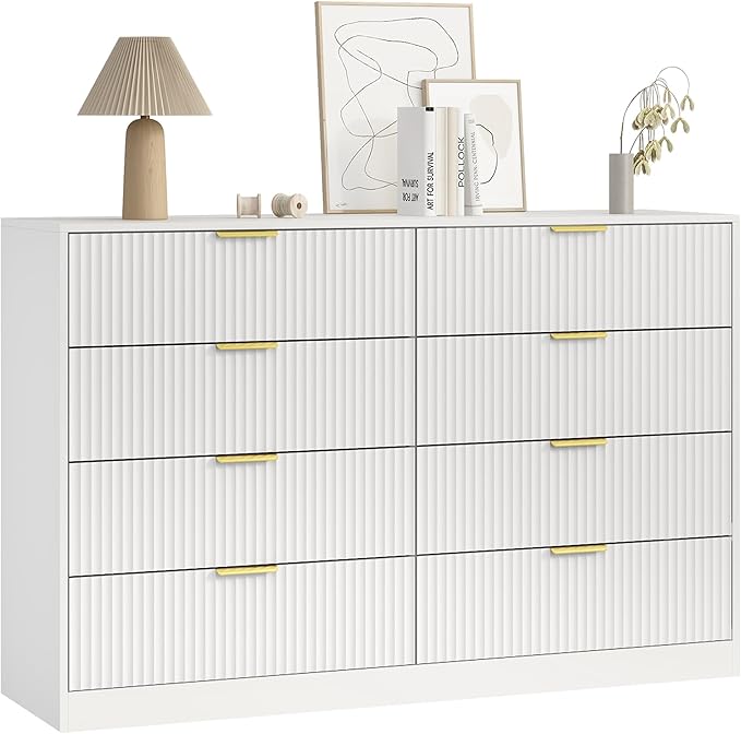 8 Drawer Dresser for Bedroom, Modern Fluted Double Dresser, 55" Wide Chest of Dressers, Wooden Beside Table for Closet, Living Room and Entryway, White