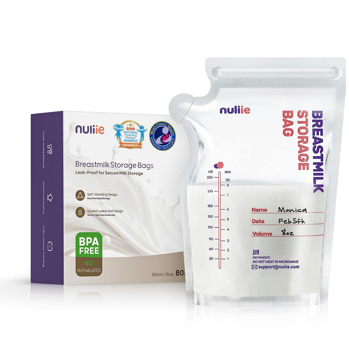 Nuliie 80 Pcs Breastmilk Storage Bags Freezer BPA-Free, Leakproof, 8oz