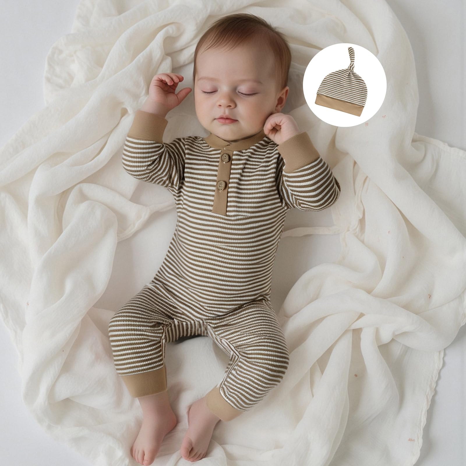 Kuriozud Newborn Infant Unisex Baby Boy Girl Clothes Button Romper Jumpsuit Basic One Piece Outfits Striped Striped Long Sleeve with Hat Khaki, 6-9 Months