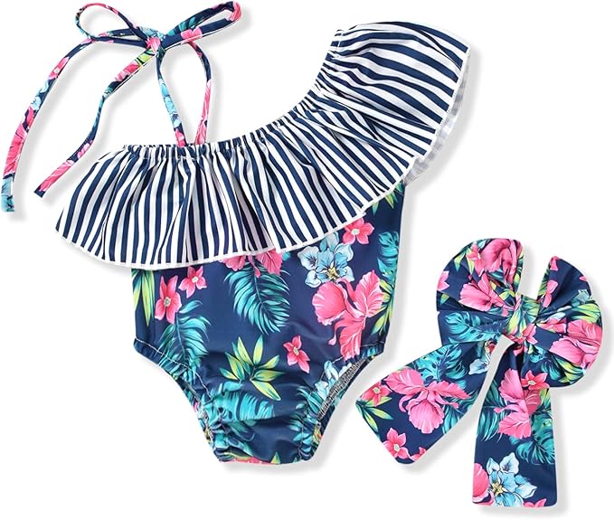 Toddler Baby Girls Ruffles Bikini One Piece Swimsuits Floral Off Shoulder Swimwear Beach Bathing Suit