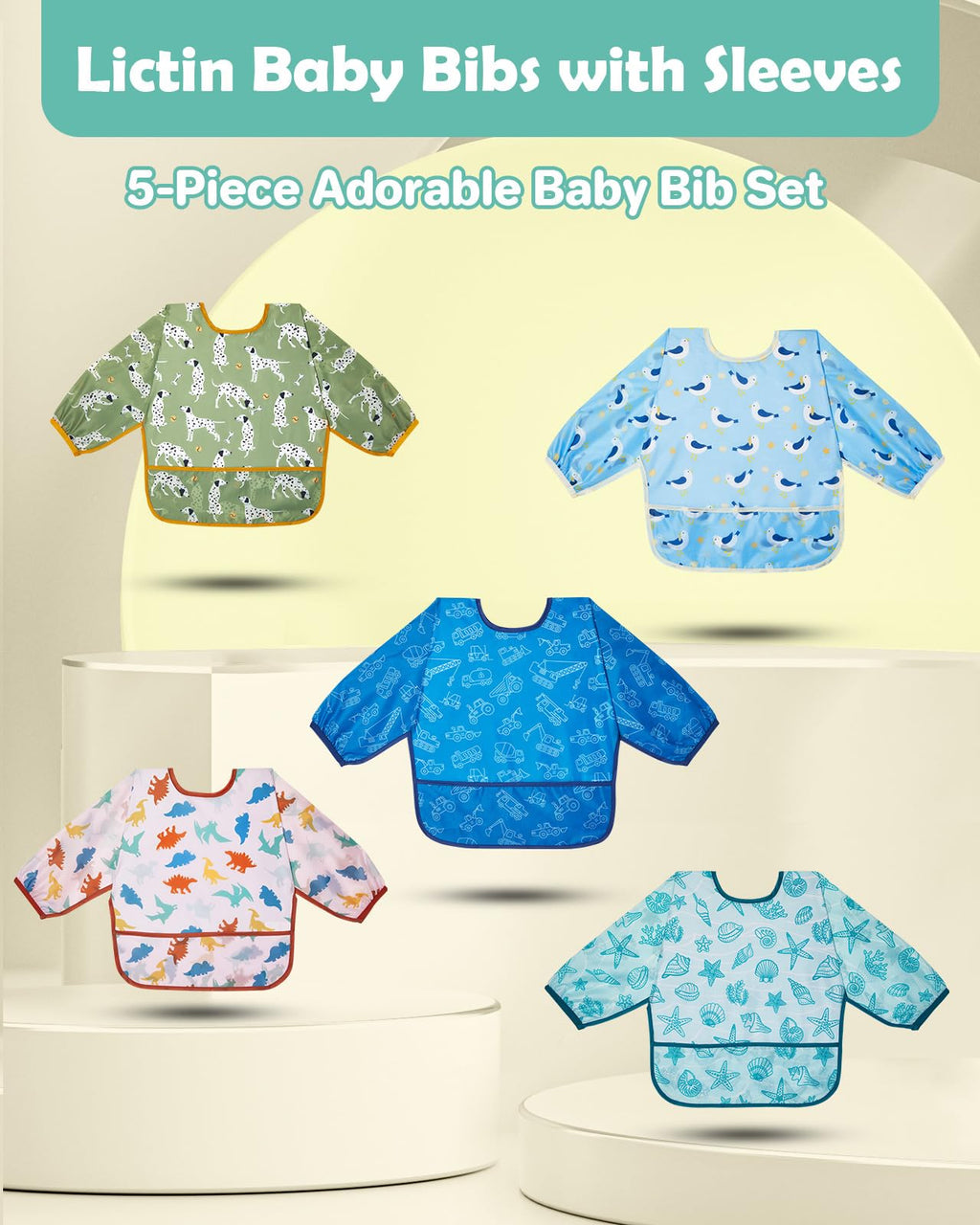 Lictin Baby Bibs for Boys Girls - Long Sleeve Bib, Waterproof Toddler Bibs, 0-24 Months Neutral Baby Smock for Eating (Dark Blue/Wathet/Blue/Green/Brown, 0-24 months)