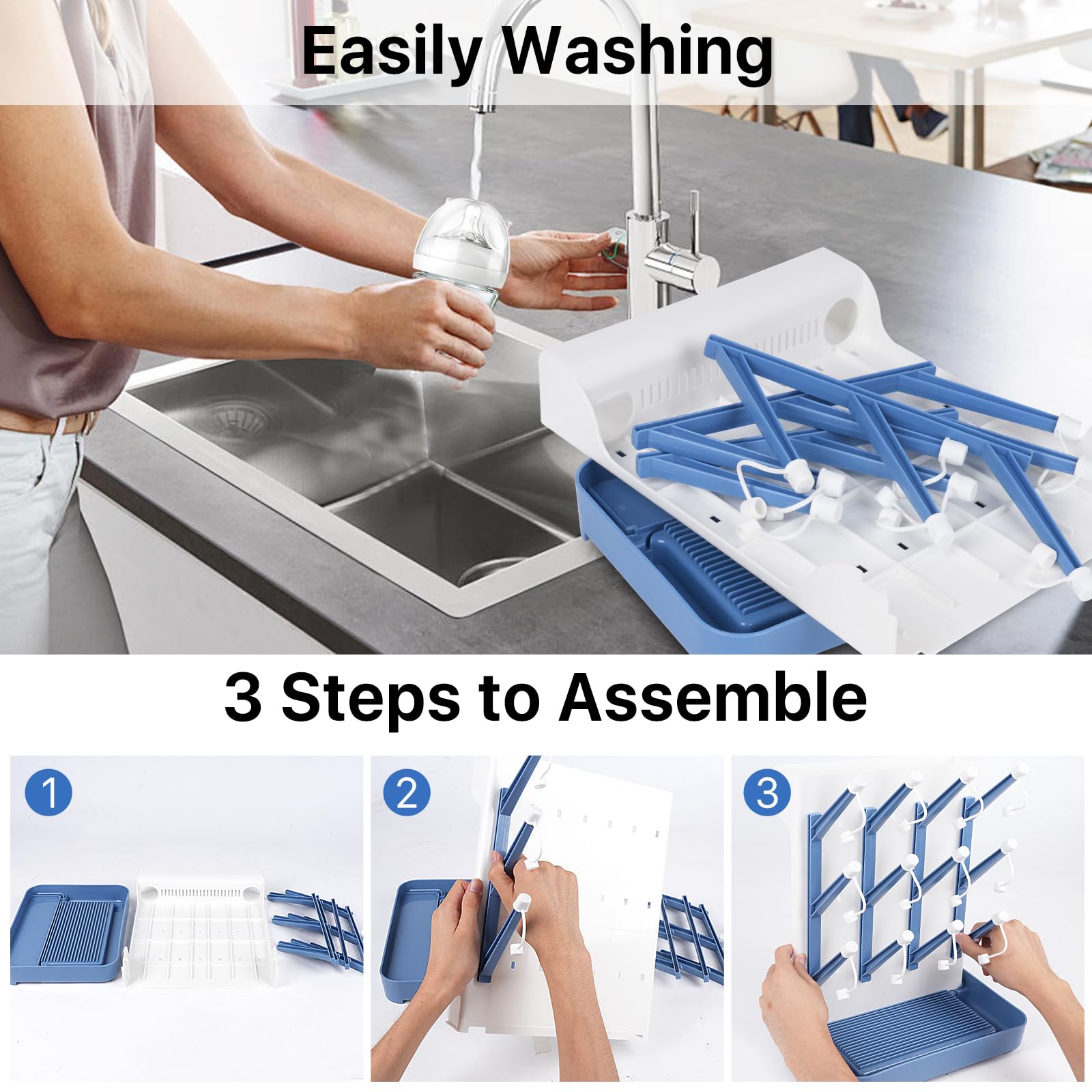 Baby Bottle Drying Rack with Drain Board, Vertical Space Saving Bottle Dryer Holder for Countertop, Large Capacity Organizer Stand for Glass Bottles, Pump Parts, Pacifiers, Cups & Accessories (Blue)