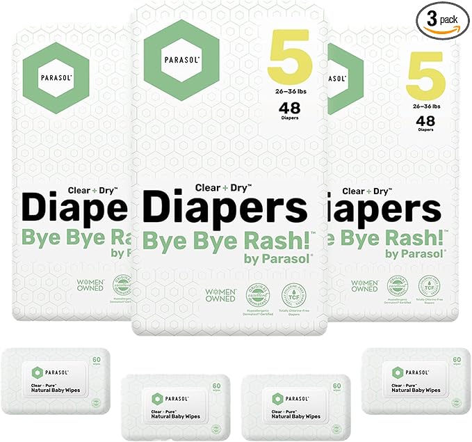 Parasol Clear+Dry Disposable Diapers and Clear+Pure Wipes Kit, RashShield Protection, Size 5 (26-36 lbs), Diaper Bundle of 144 Diapers & 240 Wipes