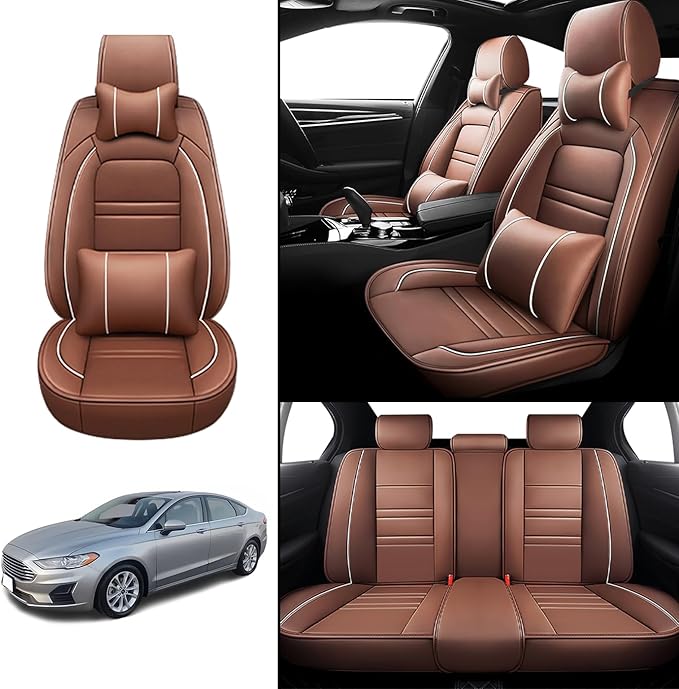 Car Seat Covers for Ford Fusion 2006-2020 | 5-Seats Seat Covers, Waterproof Seat Protectors, Automotive Seat Covers (Full Set with Pillow,Coffee)