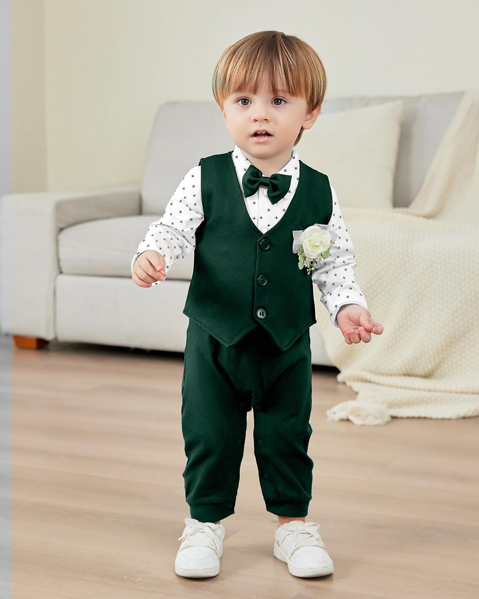 mikiumkee Baby Boy Suit Gentleman Clothes Wedding Outfits Formal Jumpsuit Long Sleeve Romper+Vest Green 18-24 Months