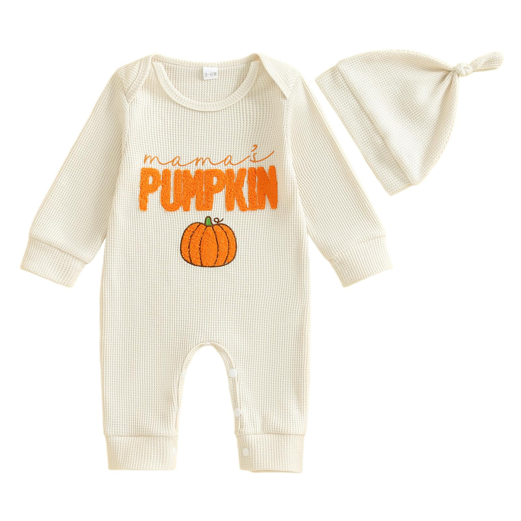 Doqcey Newborn Infant Baby Boy Halloween Outfit Little Pumpkin Embroidery Romper Waffle Knit Long Sleeve Jumpsuit with Hat (Apricot mama's pumpkin, 6-12 Months)