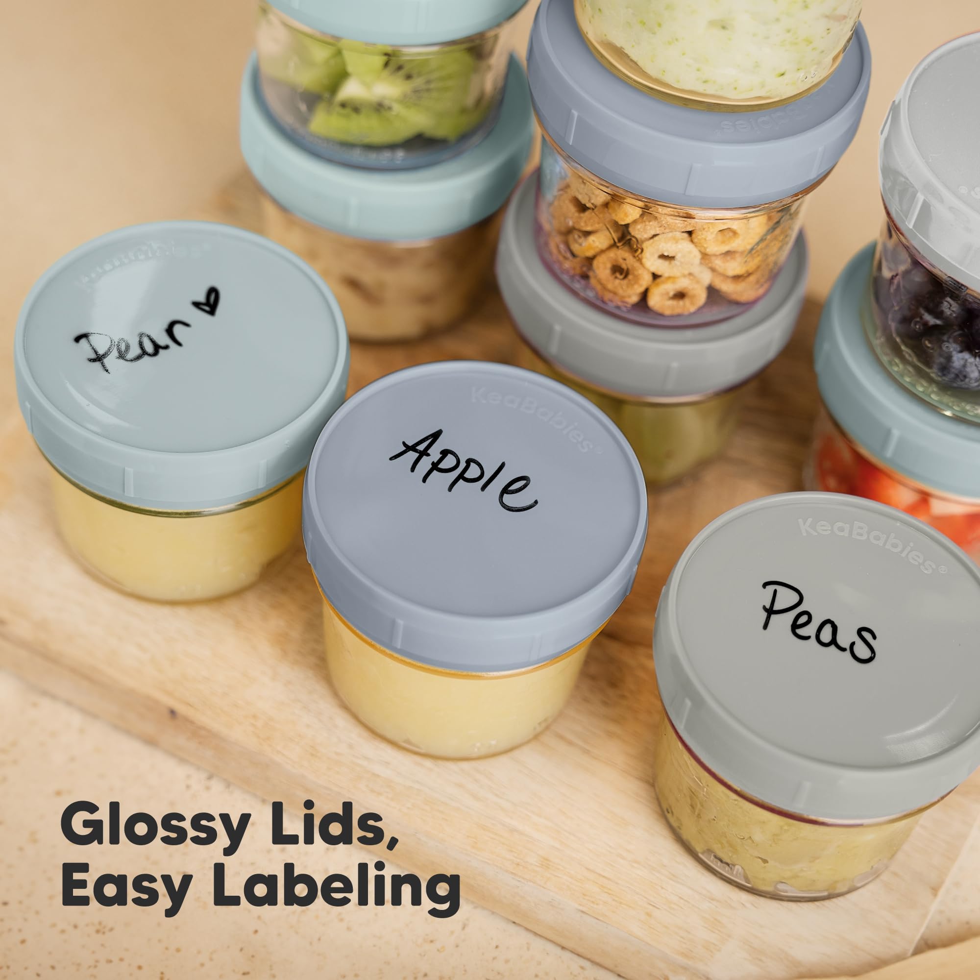 KeaBabies 12pk 4oz Glass Baby Food Containers with Lids, Leak-Proof (Slate)