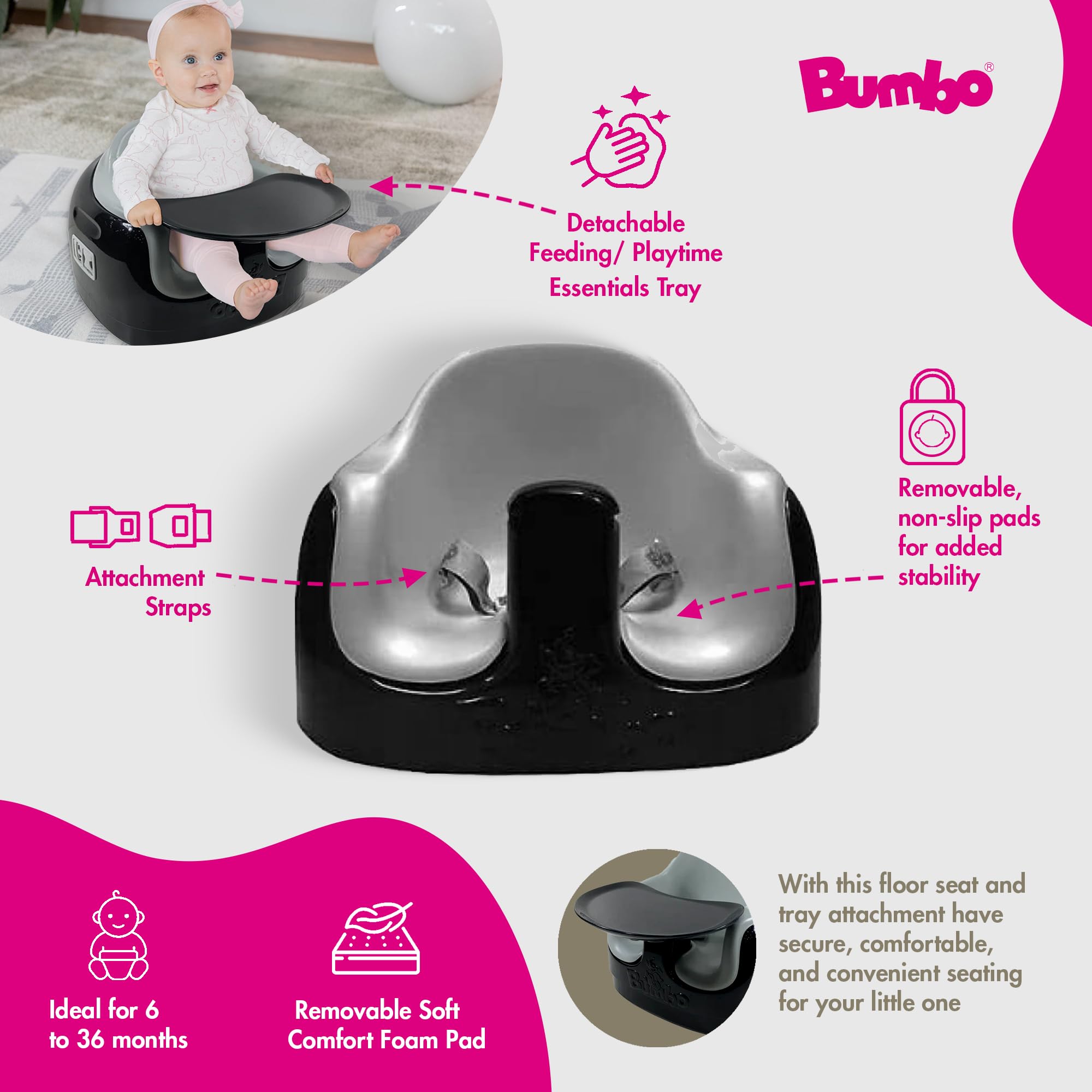 Bumbo 2 Pack 3-in-1 Multi-Seat for 6 to 36 Months, Travel Baby Feeding and Play Floor Seat, All-in-One Portable Booster with Tray & Toddler High Chair, Black/Monsoon