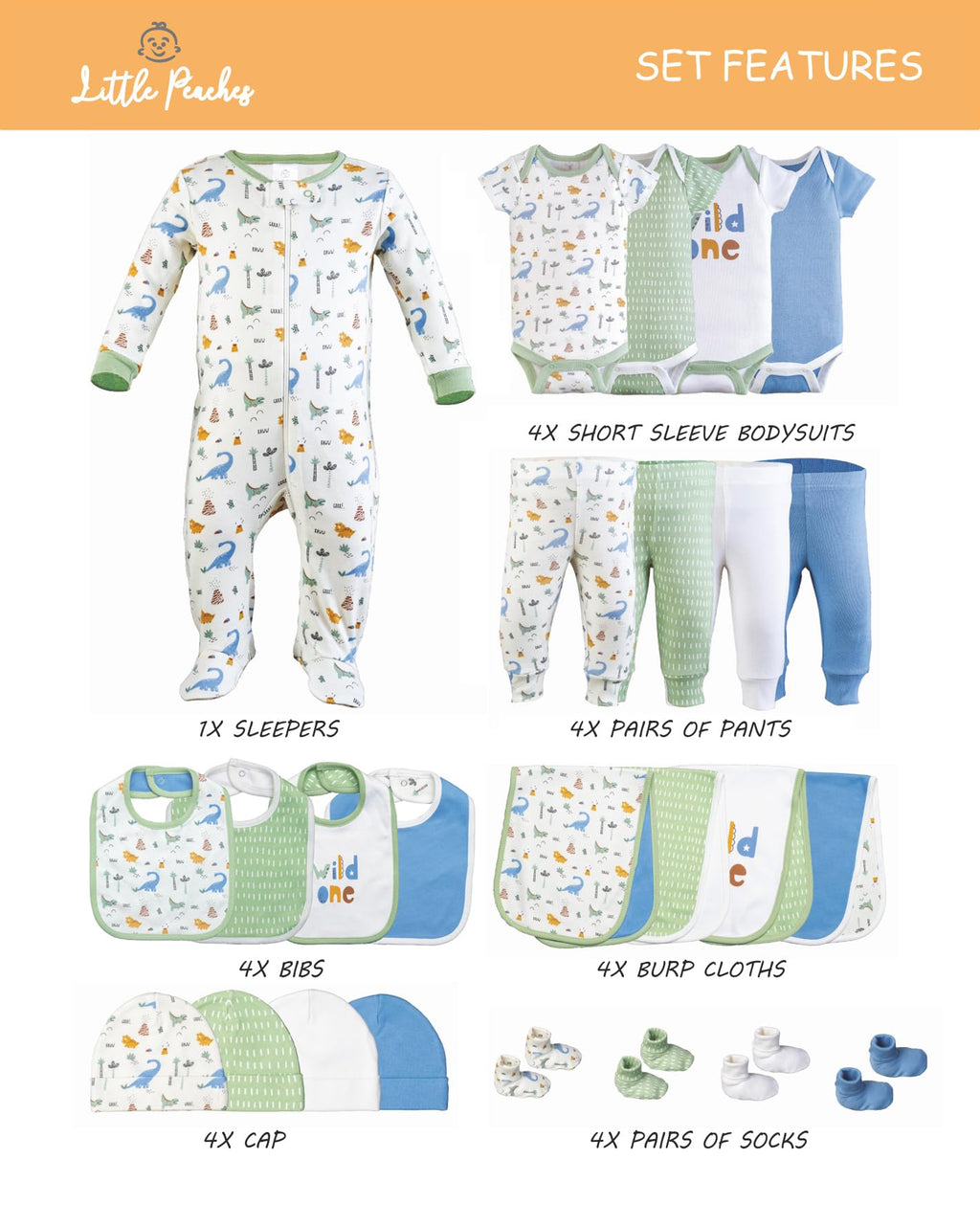 Little Peaches Unisex Newborn Clothes - 25 Piece Gender Neutral Newborn Clothes & Accessories Set - Rawr-some