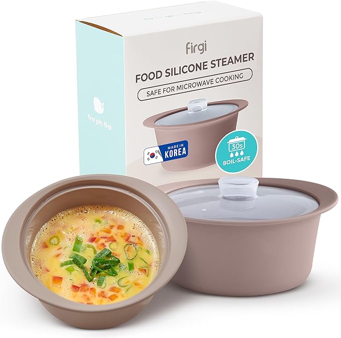 27oz Platinum Silicone Microwave Steamer Pot with Handle & Lid - Korean 100% Food-Grade Steamer Bowl, Heat-Resistant Cooker with Steam Holes, Easy Clean, Dishwasher Safe, Taupe Brown