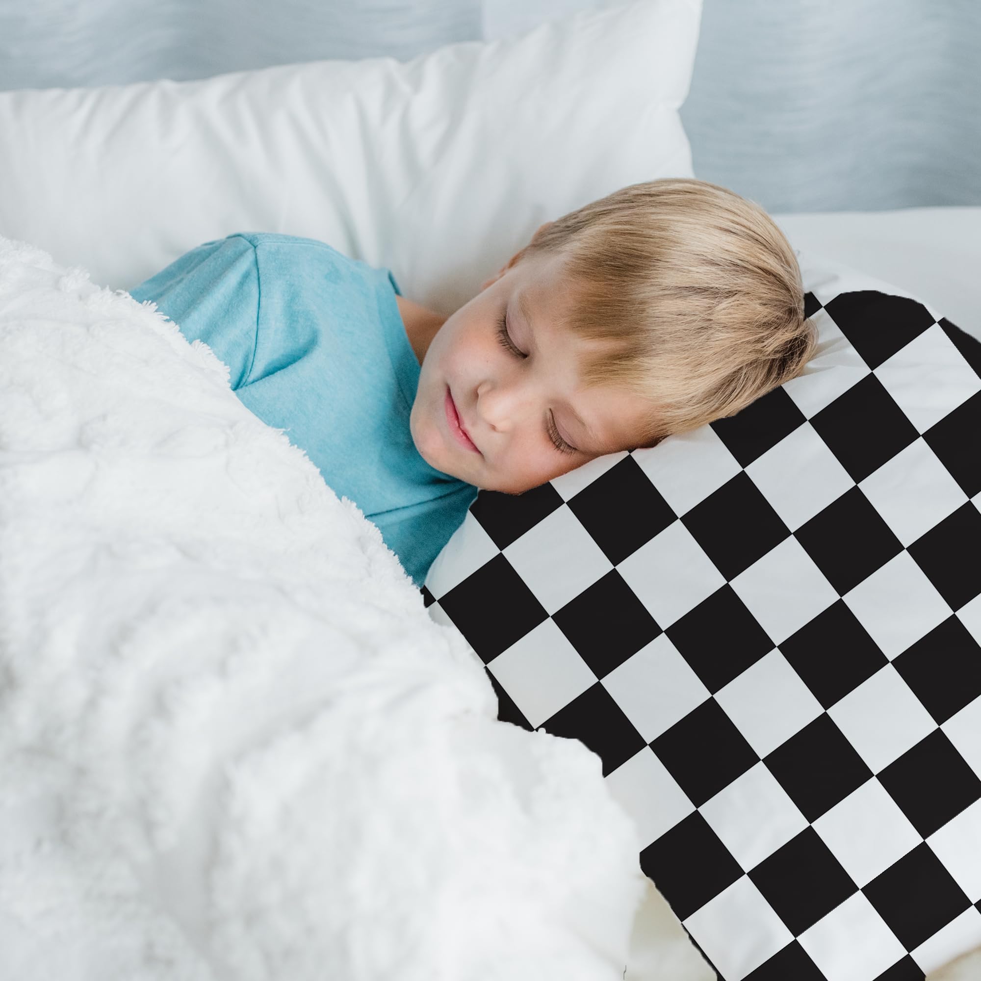 Toddler Bed Pillow with Cotton Pillow Case – 13x18 Kids Pillows for Sleeping, School, Travel & Daycare – Hypoallergenic Toddler Pillow 2 Year Old to 5 with Envelope Pillowcase (Checkers Black)