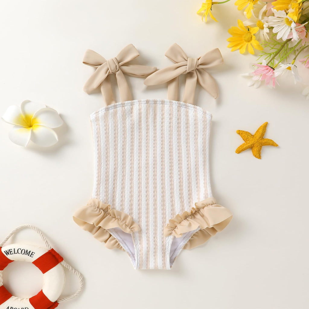 Happy Town Toddler Swimsuit Girl Solid Color Stripe One-Piece Baby Bathing Suits (Beige Almond Stripe, 5-6 Years)