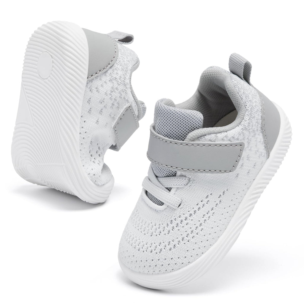 MORENDL Toddler Sneakers Baby Boys & Girls Barefoot Shoes Lightweight Breathable Walking Running Tennis Athletic Sport Shoes White Gray 15-18 Months Size 6
