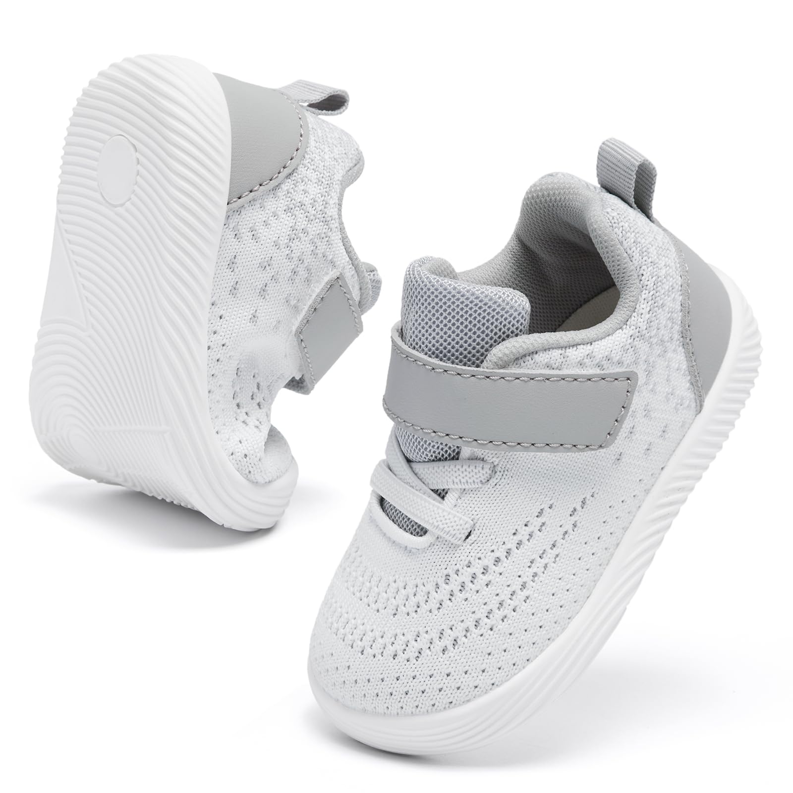 MORENDL Toddler Sneakers Baby Boys & Girls Barefoot Shoes Lightweight Breathable Walking Running Tennis Athletic Sport Shoes White Gray 18-24 Months Size 6.5