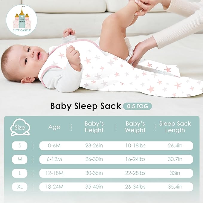 Cute Castle Baby Sleep Sack 0-6 Months - Lightweight 100% Cotton 2-Way Zipper TOG 0.5 Infant Wearable Blanket, Newborn Essentials Toddler Sleep Clothes, 3 Pack(Pink, Moon, Stars)