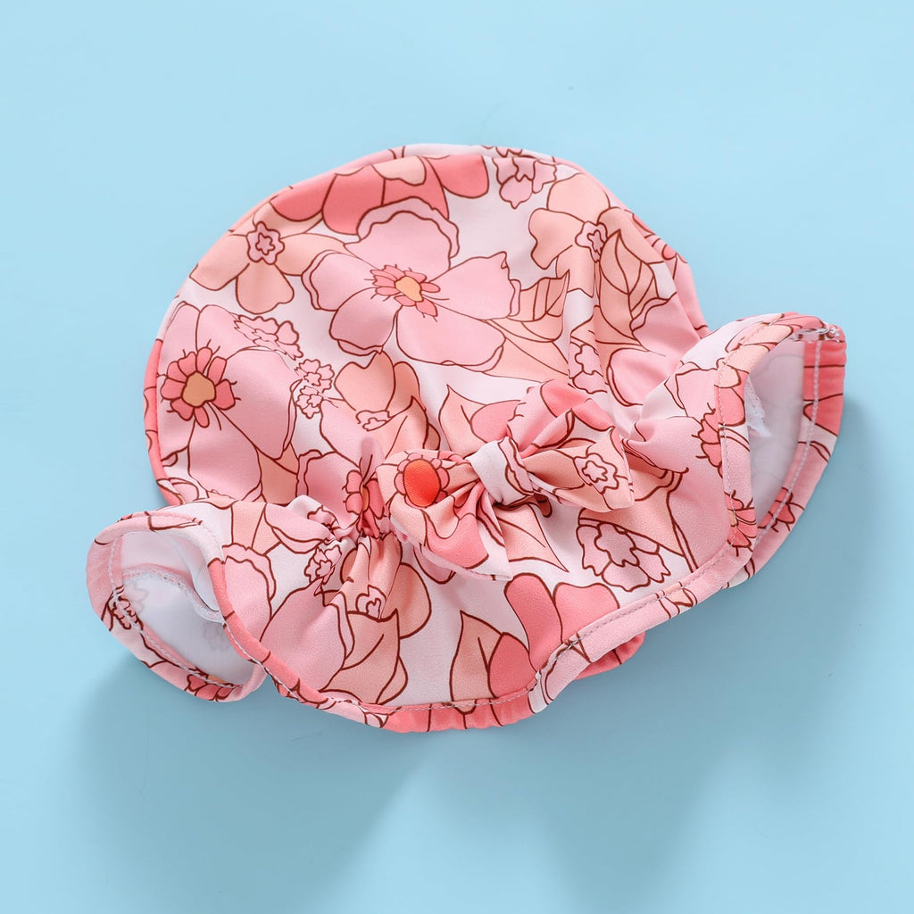 Infant Baby Girl Swimsuit One-Piece Long Sleeve Rash Guard with Hat Set Floral Zipper Bathing Suit Leopard Beach Wear(Pink#Flower, 0-3 Months)