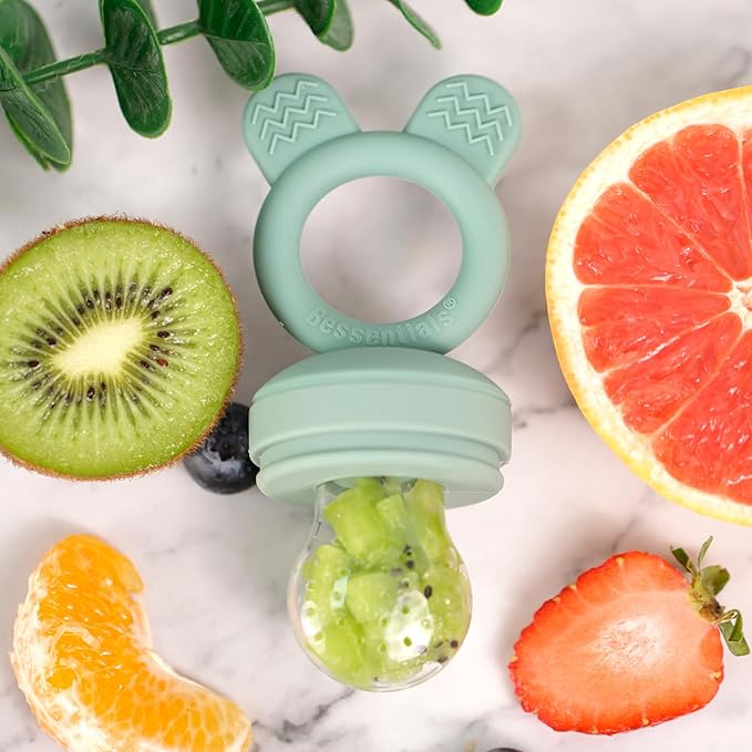 Bessentials Bunny Baby Fresh Fruit Food Feeder - 2 Pack Silicone Mesh Feeders for Infant Safe Self Feeding |3 Sizes Food Pouches Included| Suitable for Baby 4m+ (Light Pink & Grass Green)