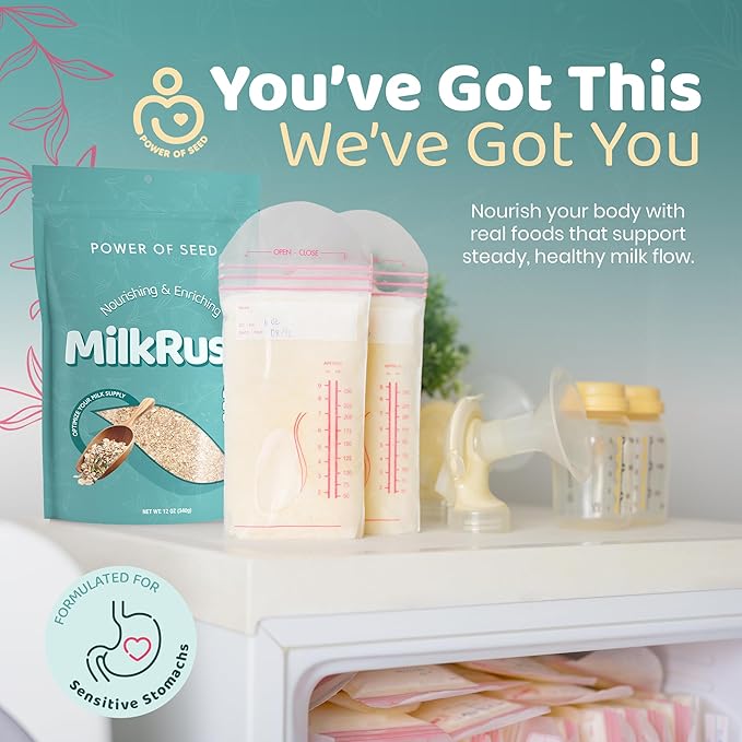 Milkrush Lactation Support for Breastfeeding - Oats Seeds & Almond Lactation Drink Mix - Milk Booster for Breastfeeding Superfood Mix with Omega 3, Iron & Calcium - Kosher Certified - 12oz Bag