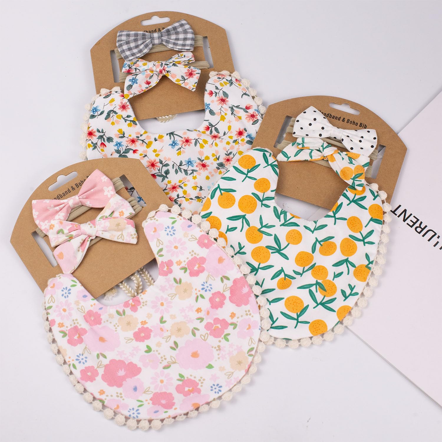 Esumun Baby Girls Reversible Floral Print Bibs Saliva Towel Set, Flounce Edged Burp Cloth and Bow Headband for Newborn Infant Toddlers(SET A)