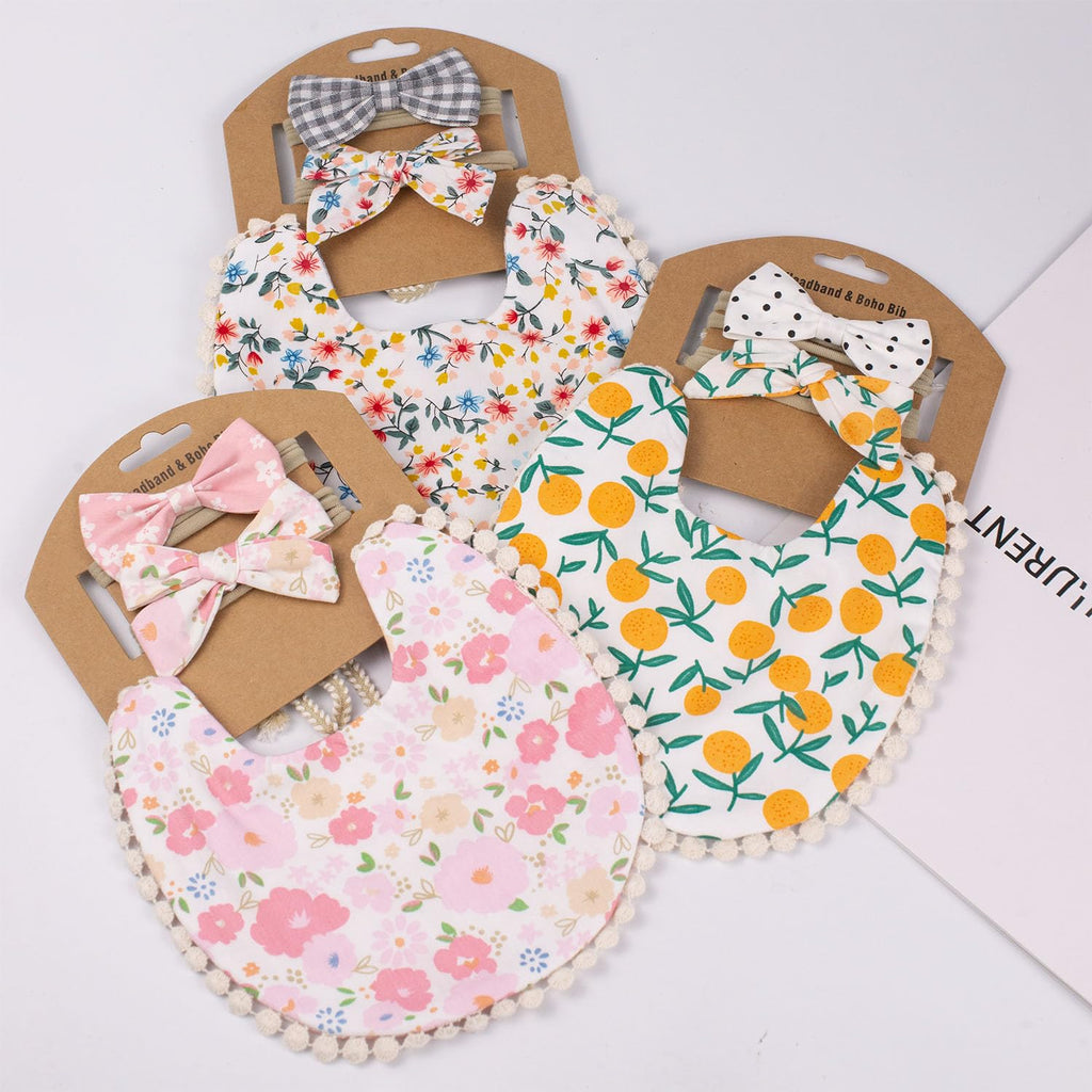 Esumun Baby Girls Reversible Floral Print Bibs Saliva Towel Set, Flounce Edged Burp Cloth and Bow Headband for Newborn Infant Toddlers(SET A)