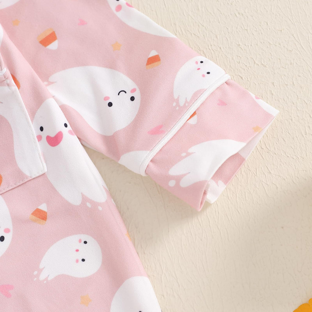 Balaflyie Baby Girl Button Down Pajamas Romper One-Piece Jumpsuit Long Sleeve Sleeper Infant Sleepwear (Ghost&Pink,12-18 Months)