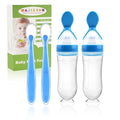 WAJIAYON Baby Food Feeder 4 Pack Silicone Baby Food Dispensing Spoon-3 oz Squeeze Feeding Spoons with Suction Cup for Boys Girl Kids Toddlers - Self Feeding Bottle Spoon-Blue