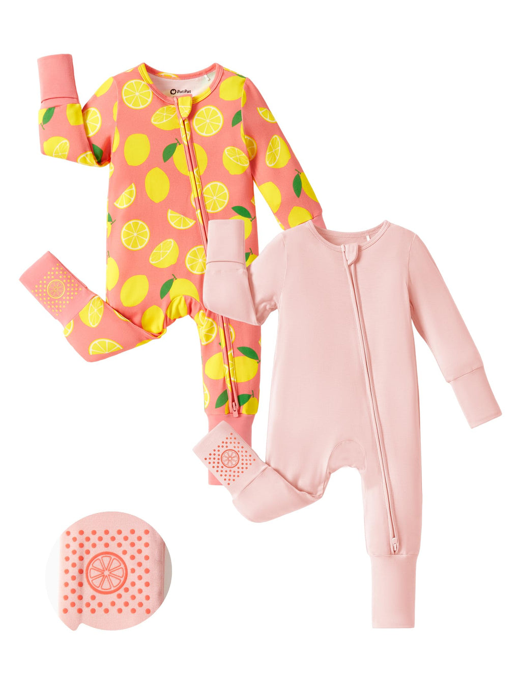 PATPAT 2-Pack Bamboo Viscose Baby Footie, with Anti-Slip Grips Blush Lemon 12-18 Months