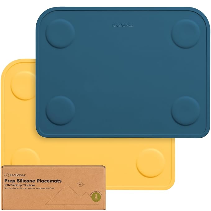 KeaBabies 2-Pack Silicone Placemats for Toddlers - 12x9 Non Slip Suction Baby Silicone Placemat for Kids Eating, Easy to Clean, Busy Travel Baby Mat for Dining Table, Food Grade/BPA-Free (Valiant)