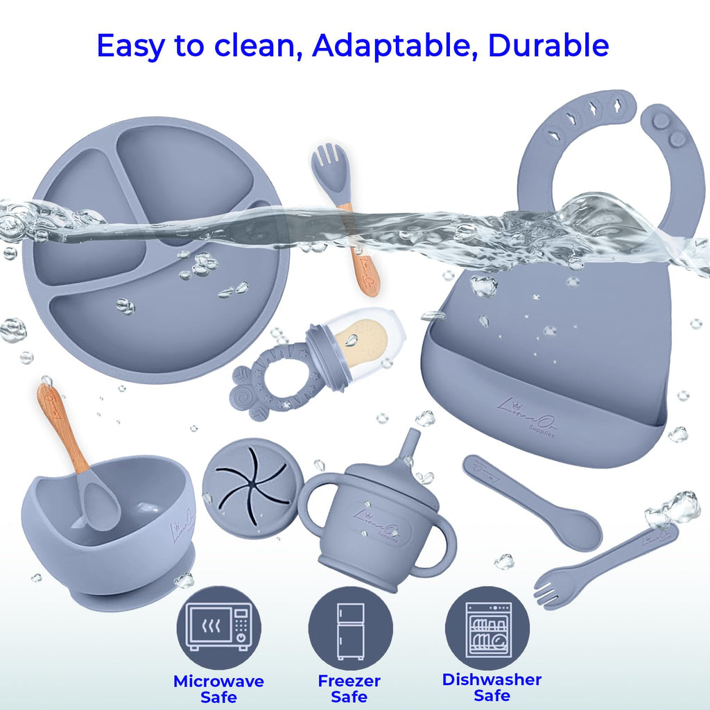 Silicone Baby Feeding Set, Suction Plates Bowls Bibs for Self Feeding –Gray