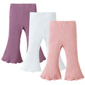 SOBOWO Toddler Baby Girl Flare Pants 3 Pack Solid Ribbed Ruffle Bell Bottoms Pants Fall Outfits(Purple/White/Pink, 9-12 Months)