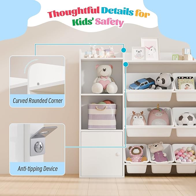 White Toy Storage Organizer, Toy Organizers and Storage Bins, Toy Storage Shelf with 8 Toy Bins, Toy Organizer with Bookshelf, Book Shelf and Toy Storage for Kids Room, Playroom, Bedroom, Nursery