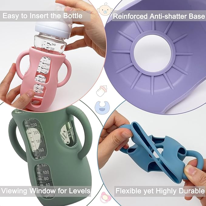 4 Pack Silicone Sleeves for Avent Natural Glass Baby Bottles, Anti Breakage Bottle Holder, Compatible with Philips Avent Glass Natural Baby Bottles (4 Pink, 8 OZ)