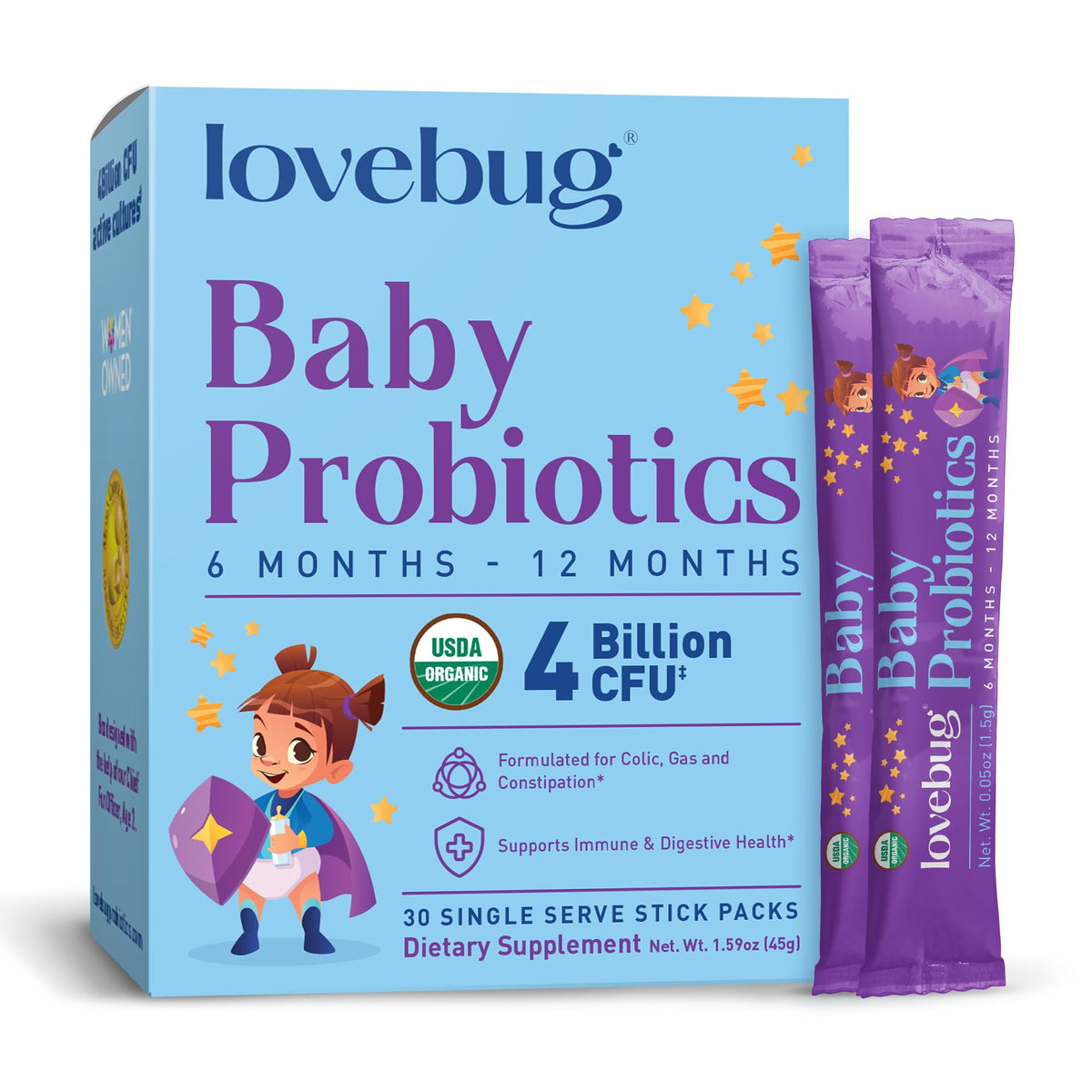 LOVEBUG Award Winning USDA Organic Probiotic for Babies | Multi-Strain 4 Billion CFU | Easy-to-Take Powder | Sugar Free | Ages 6-12 Months | 60 Packets