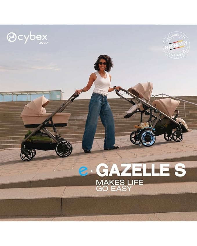 Cybex e-Gazelle S Electronic Assist Stroller – Gazelle S Single-to-Double Electric Stroller, Smart Assist, Rocking Mode, 20+ Configurations & Compact Fold, Moon Black with Silver Frame