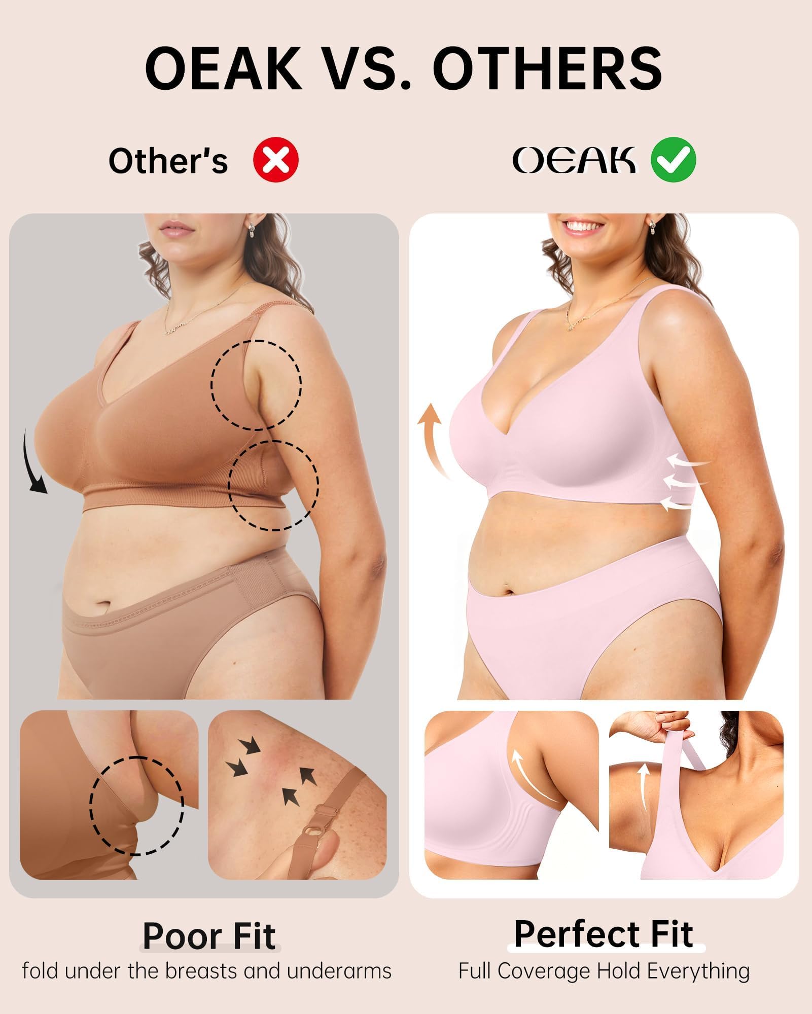 OEAK Womens Deep V Bras Comfortable Bras Support Push Up Bralettes Low Cut no Underwire Bras Plunge Seamless Tshirts Bras Pink L