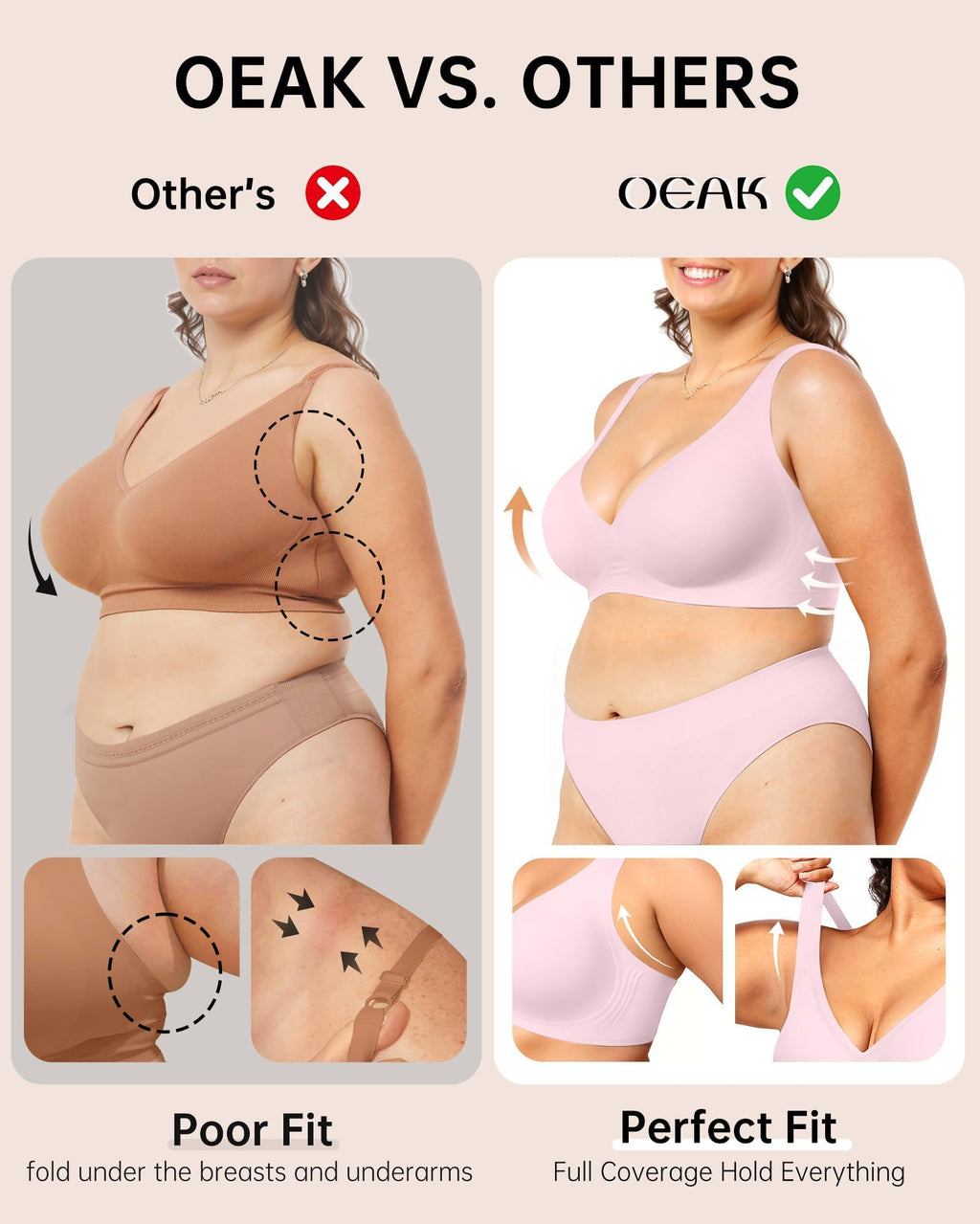 OEAK Womens Deep V Bras Comfortable Bras Support Push Up Bralettes Low Cut no Underwire Bras Plunge Seamless Tshirts Bras Pink L