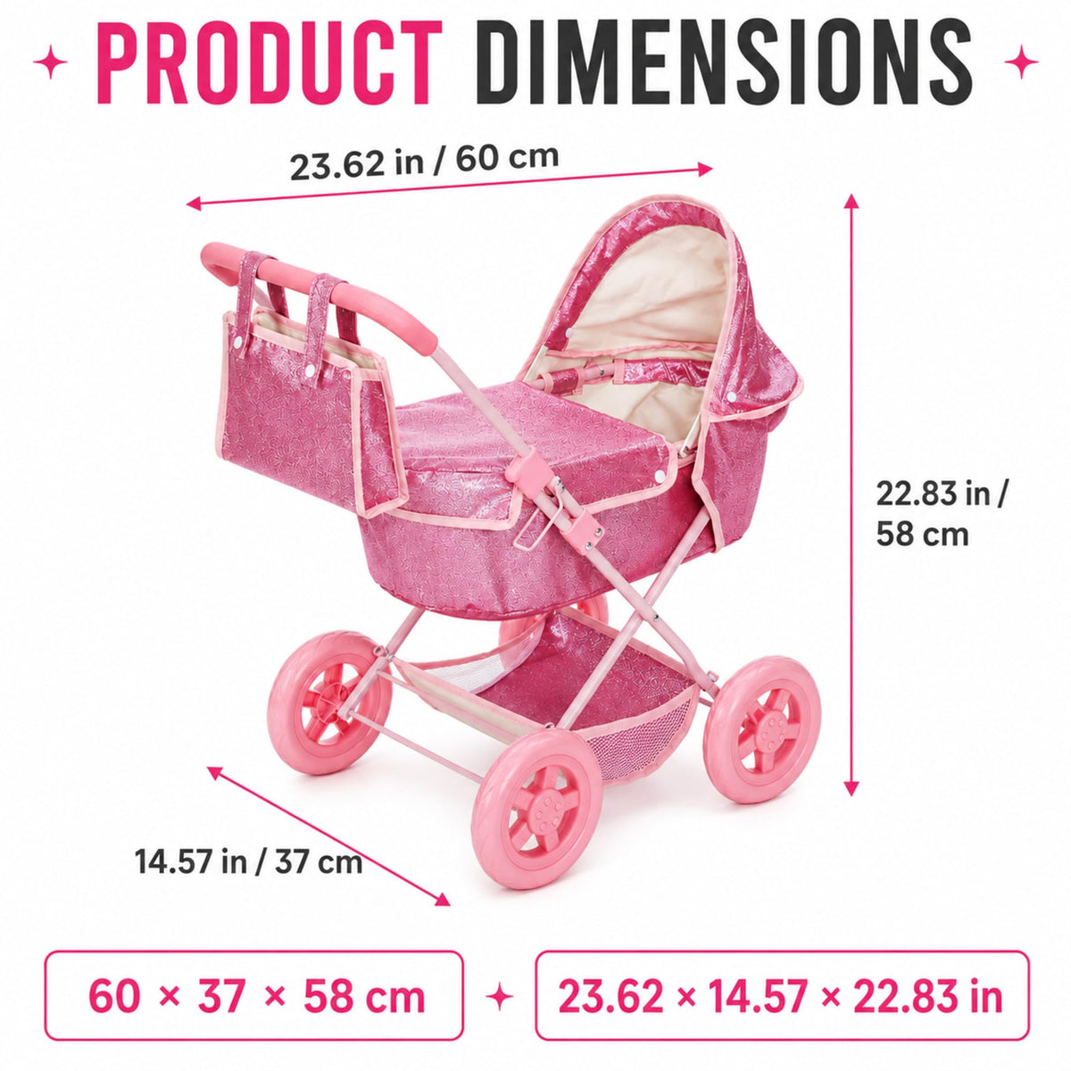 Olivia's Little World Baby Doll Bassinet Pram, Hot Pink Glitter