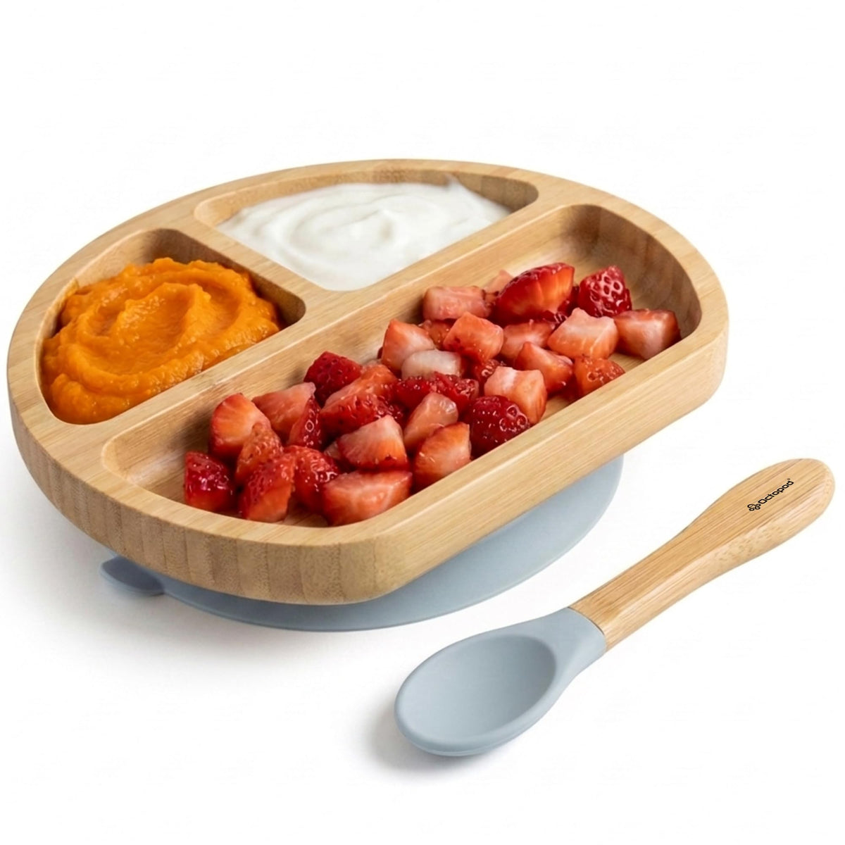 Abiie Octopod Bamboo Dish & Spoon - Suction Baby Plate - 4 Mos & Up - Grey