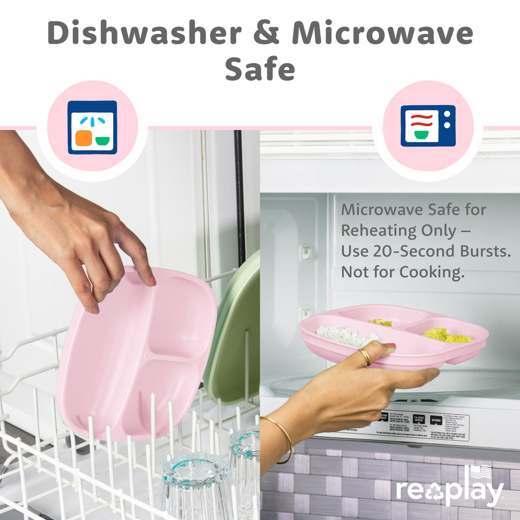 Re-Play Divided Toddler Plates Set of 4 - Deep-Walled 3 Compartment Kids Plates for Picky Eaters - Dishwasher & Microwave Safe - BPA-Free - Made in USA, Princess
