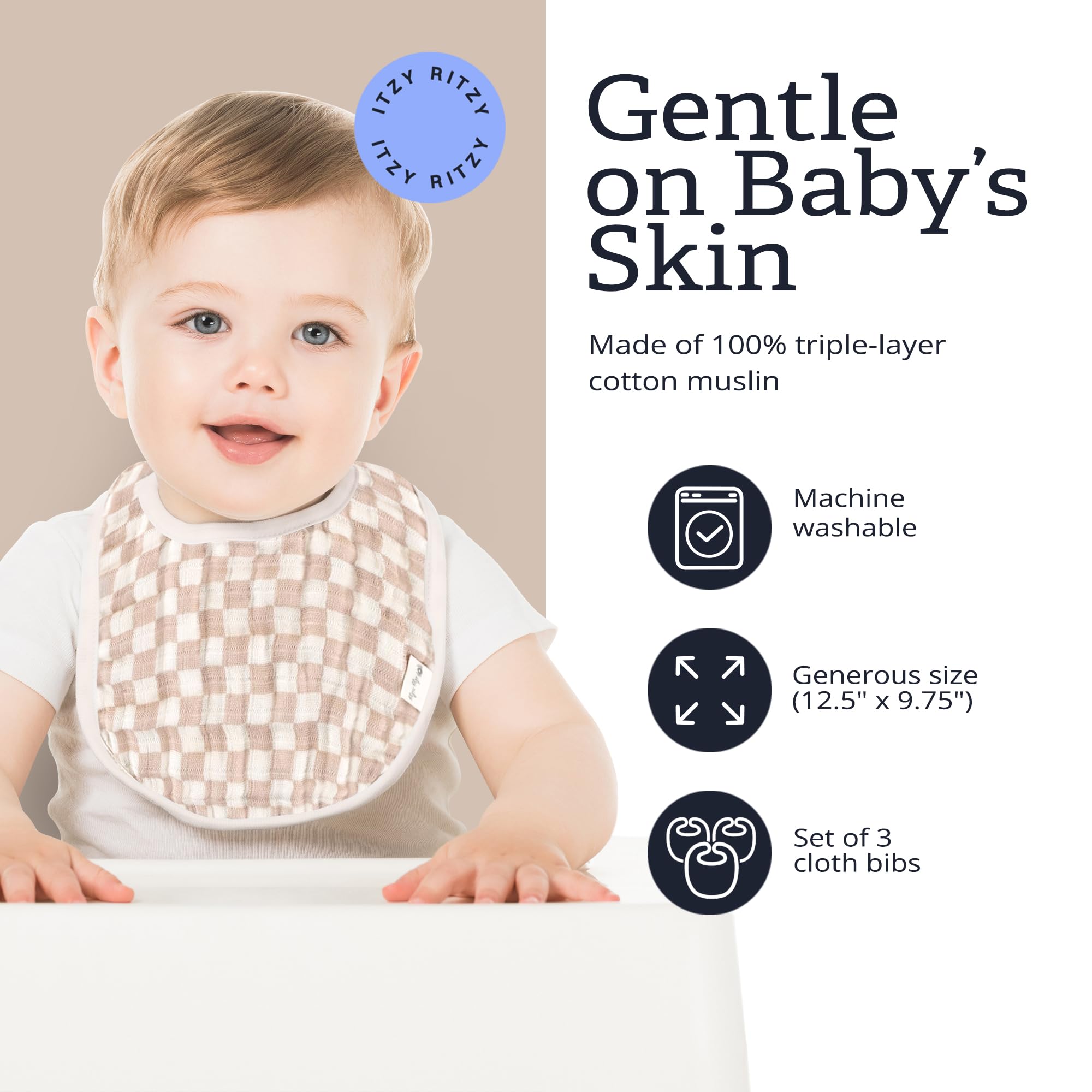 Itzy Ritzy Baby Bibs Set of 3, Ultra-Soft Cotton Muslin Bibs (Checkerboard)