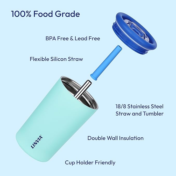Candy Tumbler, 25 oz Kids Insulated Stainless Steel Water Bottle with Spill Resistant Silicone-Metal Straw and 2-in-1 Lid, BPA-Free, Cup Holder Friendly, Dishwasher Safe, Avocado Green