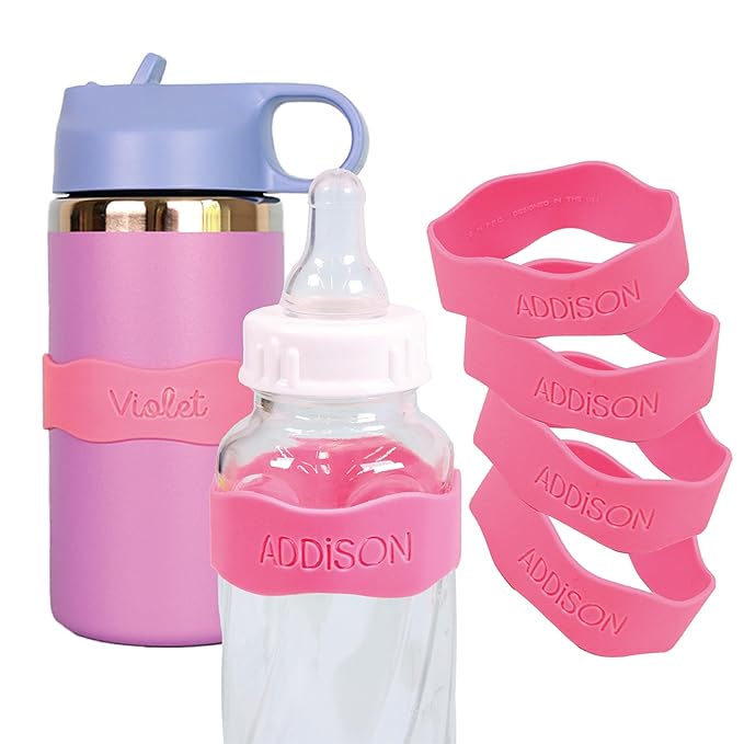 InchBug Orbit Labels Baby Bottle and Water Bottle Silicone Name Bands – Personalized Reusable Label Set for Daycare, Sippy Cups, Preschool, Elementary School, Dishwasher Safe, 4-Pack (Bubblegum Pink)