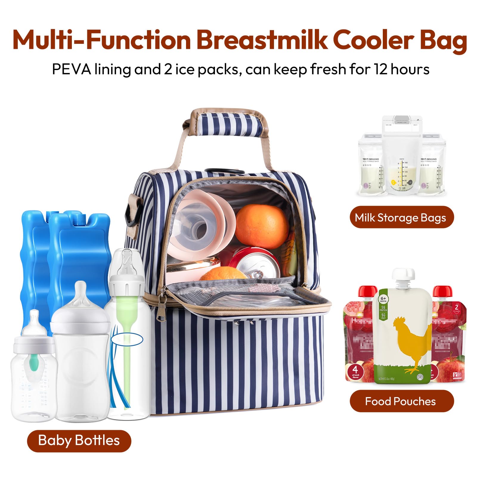 NCVI Breastmilk Bag with 2 Ice Pack, Keep Food Warm/Cold (Stripe)